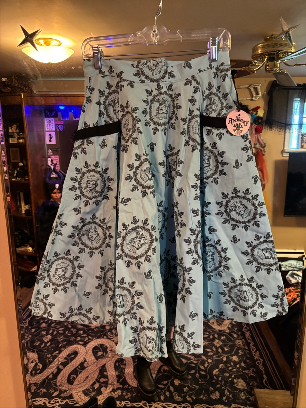 Hell Bunny Pale Blue A-Line Skirt with Black Medallion Print
